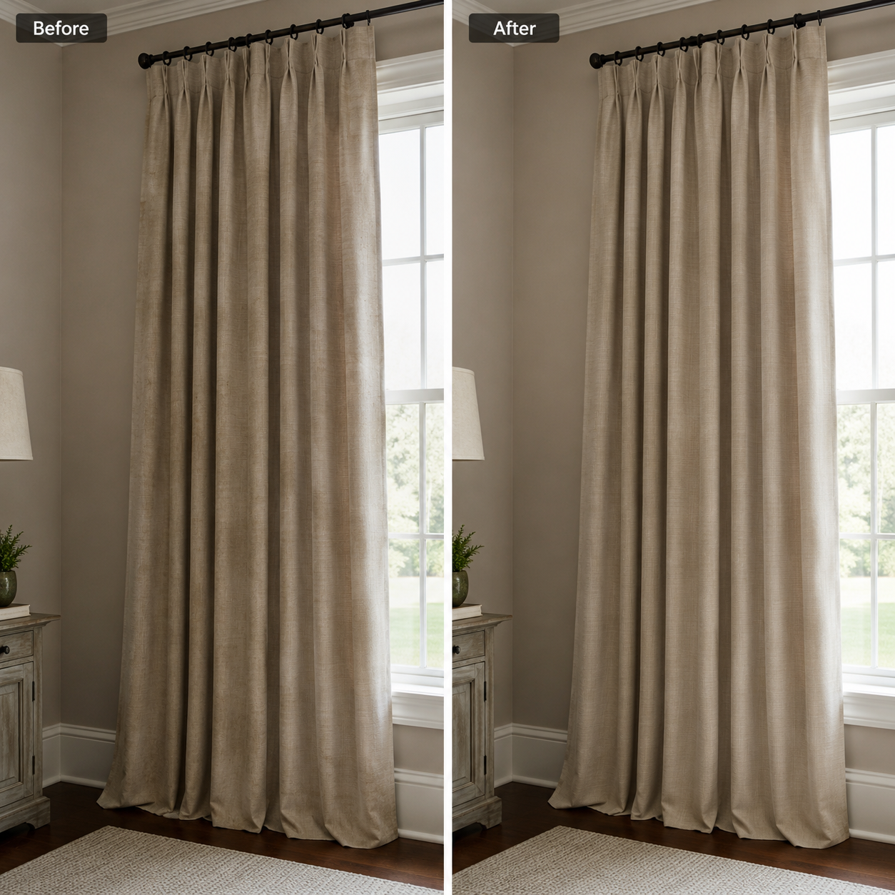 Linen curtains before and after cleaning