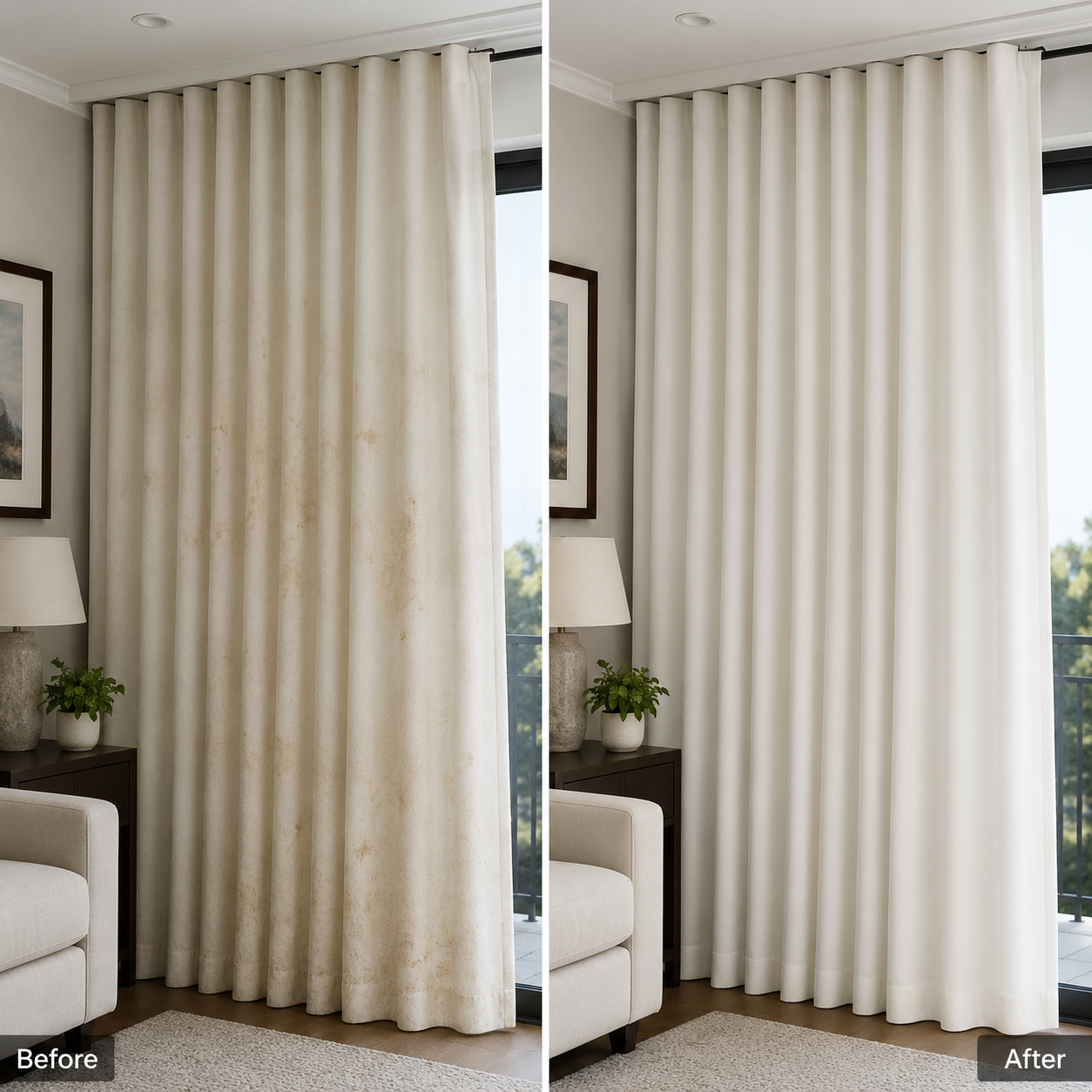 Wave fold sheer curtains before and after cleaning